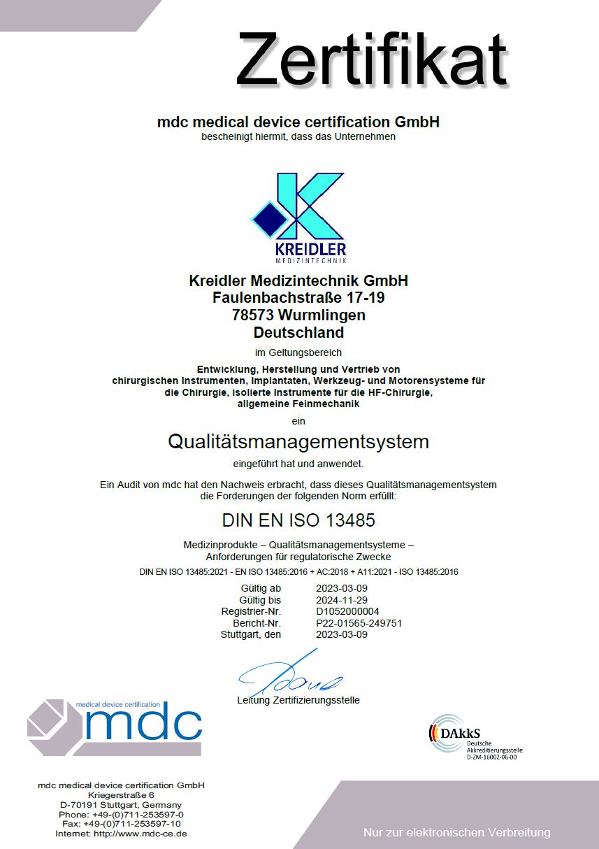Kreidler Medizintechnik GmbH - Zertifikat DIN EN ISO 13485